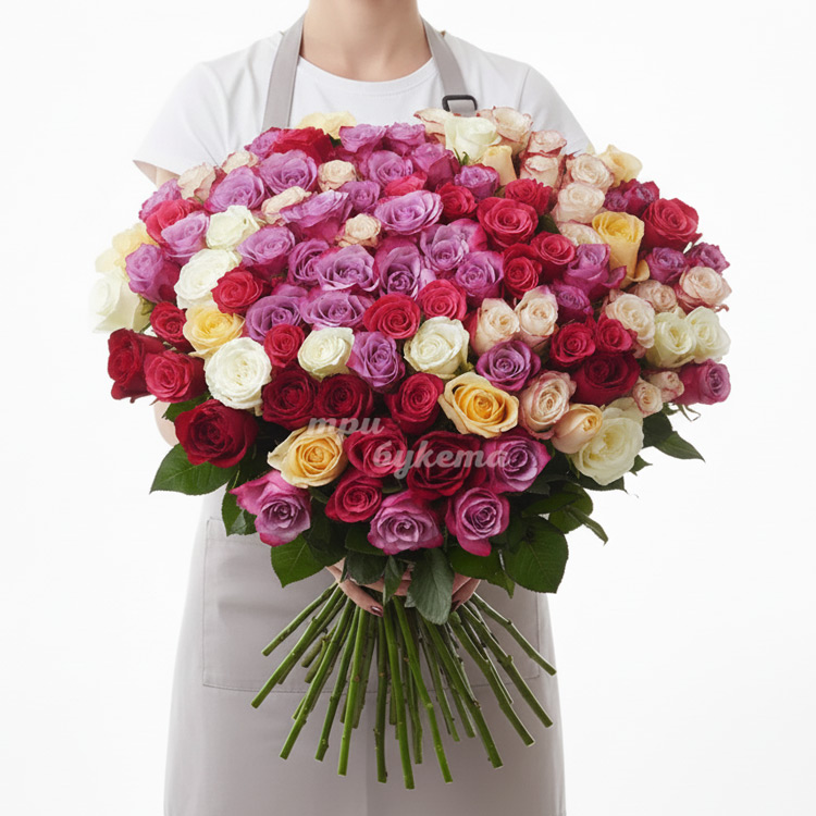 101 разноцветная роза (Premium) 60 см.